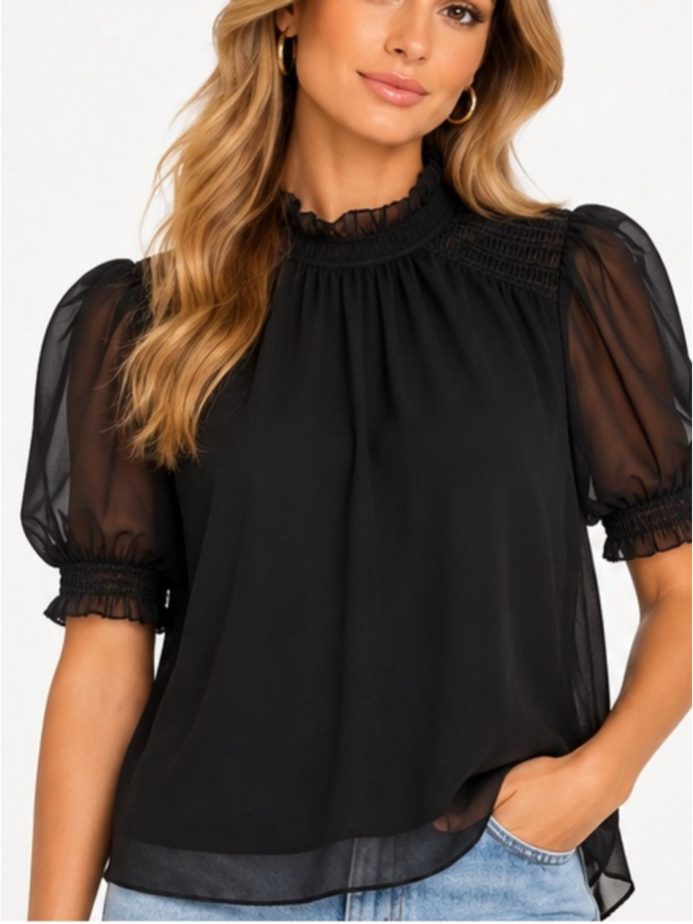 Aritzia Wilfred Black Sheer Puff Sleeve Ruffle Blouse Smocked High Neck